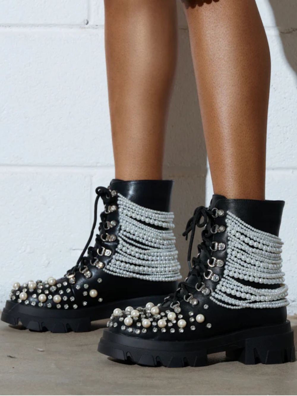AZALEA WANG Twinkley Black Pearl Embellished Combat Bootie Sz 6.5 NWOB